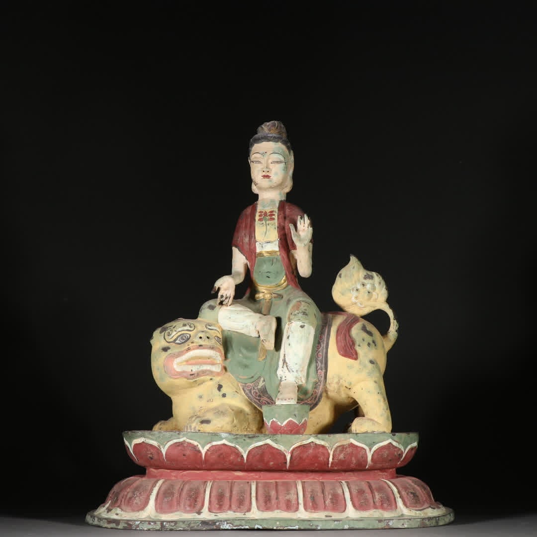 A Tang Dynasty bronze tire painted statue of Manjushri Bodhisattva: Tang Dynasty bronze tire painted Manjushri Bodhisattva statue SIZE: H:38cm W:29.6cm W:3050g (The Dimensions Of All Batches Are Manually Measured.If You Need More Detailed Information, Please Contact O