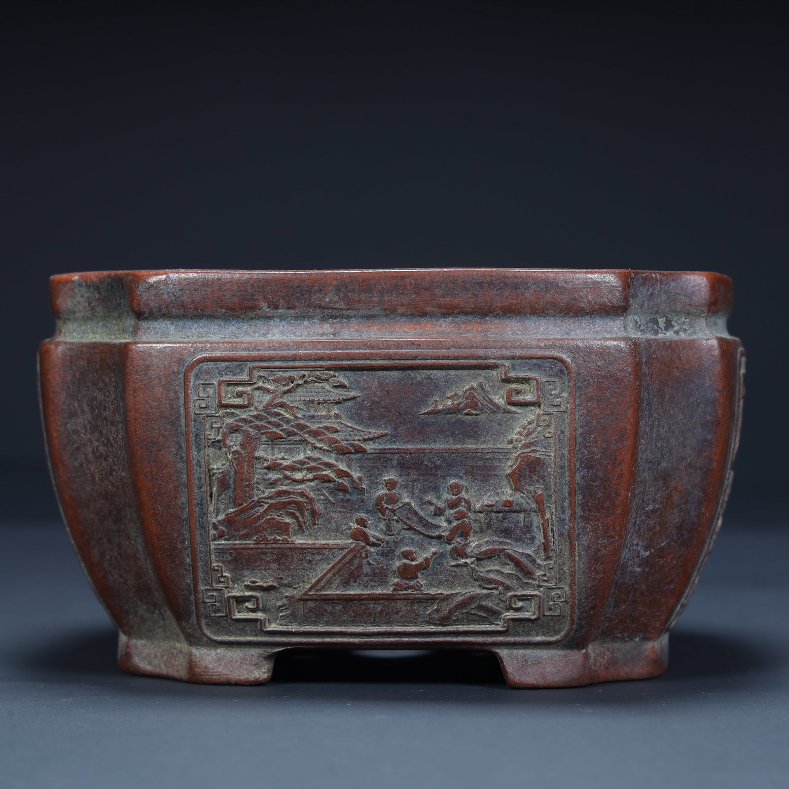 A Qing Dynasty purple sand hexagonal character story pattern incense burner (1 of 8)
