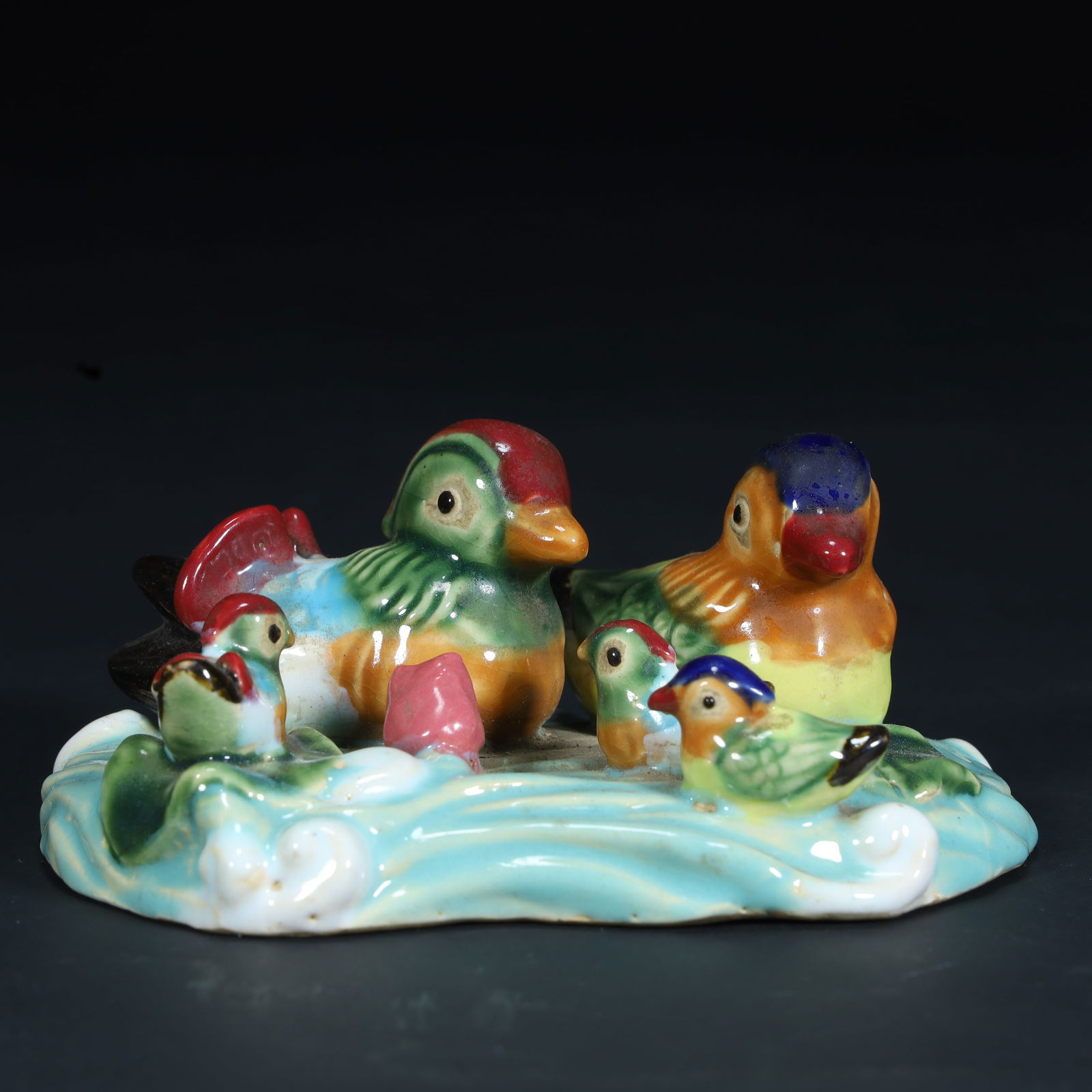A Qing Dynasty pastel mandarin duck (family) ornament: Qing Dynasty pastel mandarin duck (family) ornament SIZE: H:5.5cm L:13.5cm W:10cm W:384g (The Dimensions Of All Batches Are Manually Measured.If You Need More Detailed Information, Please Contact Our