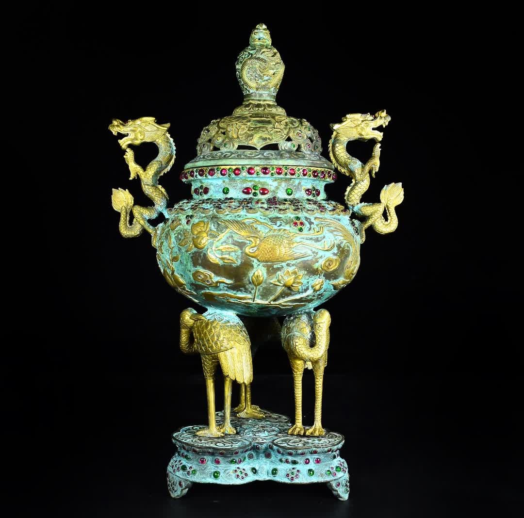 A copper gilt three-crane furnace ornament (1 of 9)