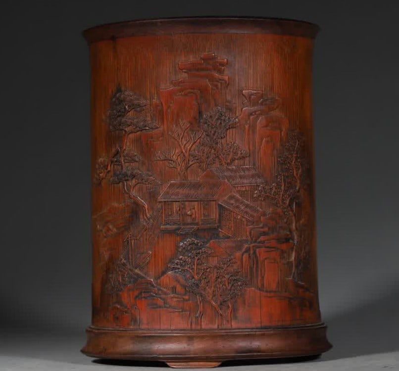 A bas-relief landscape painting character picture bamboo carved pen holder (1 of 9)