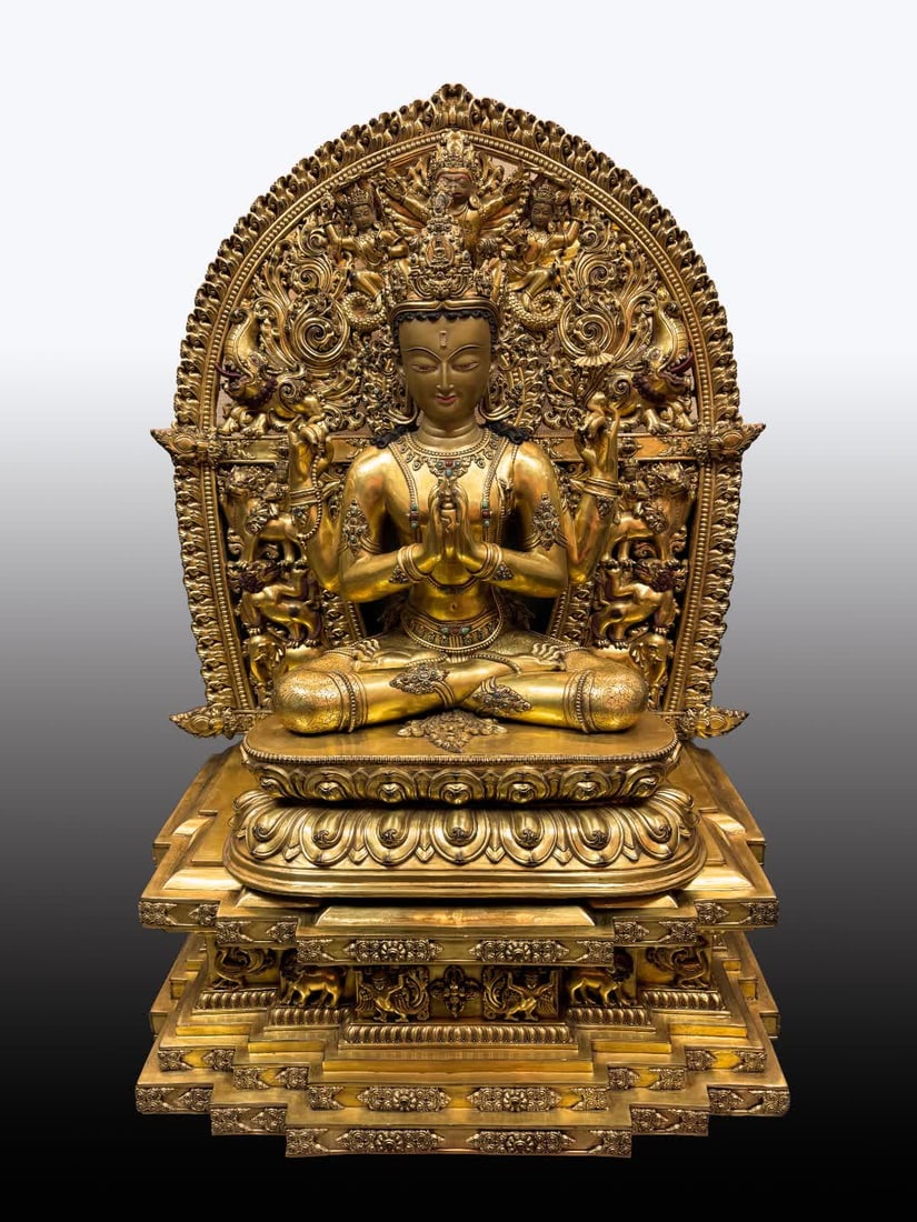 A seated statue of Guanyin with four arms in copper gilt in the Qing Dynasty: Qing Dynasty copper gilt four-armed Guanyin seated statue SIZE: H:98cm L:70cm W:44cm Approx. W:100kg (The Dimensions Of All Batches Are Manually Measured.If You Need More Detailed Information, Please