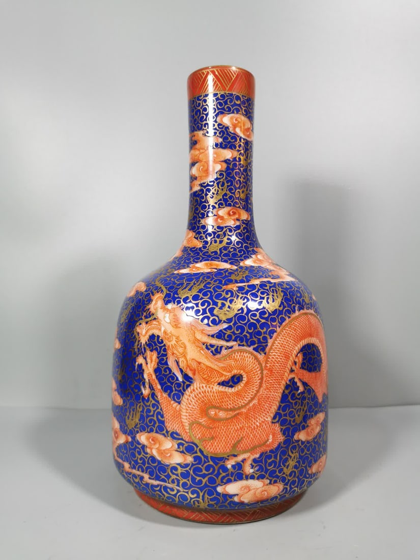 A Qing Dynasty blue background dragon pattern rattle statue: Qing Dynasty blue background dragon pattern rattle statue SIZE: H:14.5cm W:28cm (The Dimensions Of All Batches Are Manually Measured.If You Need More Detailed Information, Please Contact Our Customer