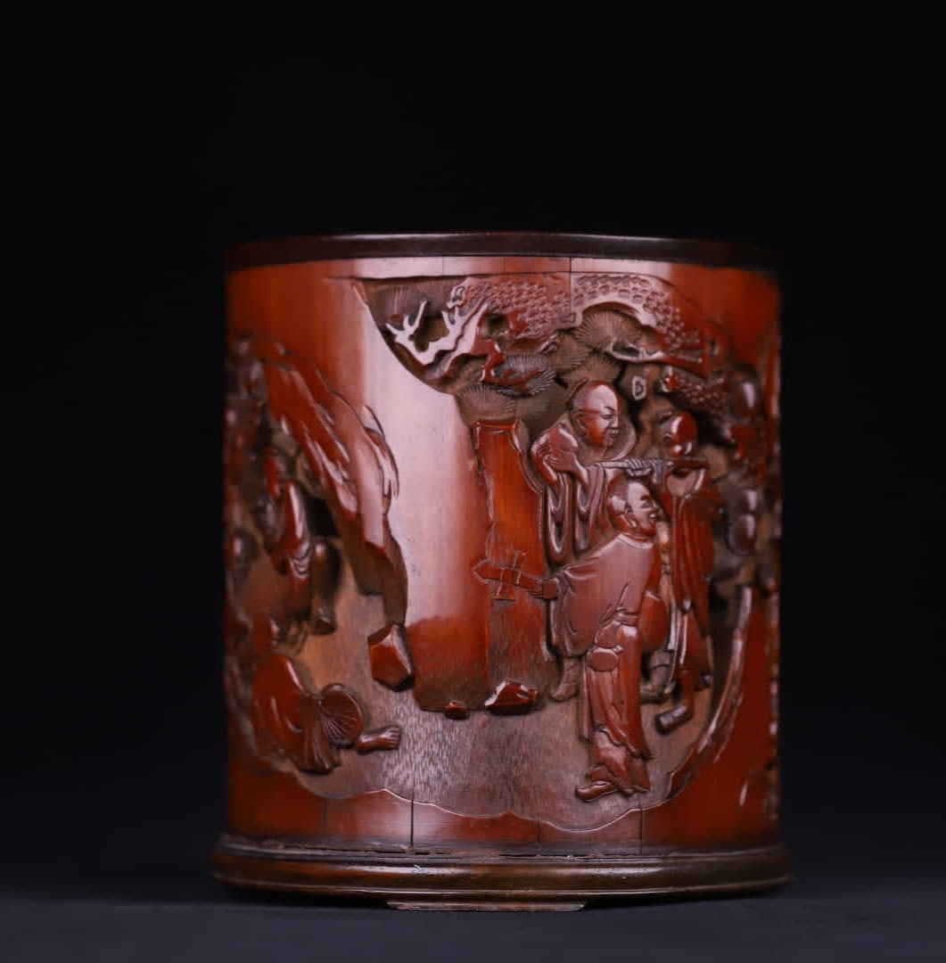 A Qing Dynasty "Zhu Wenyou" bamboo carved Xiangshan Nine Poems pen holder (1 of 11)