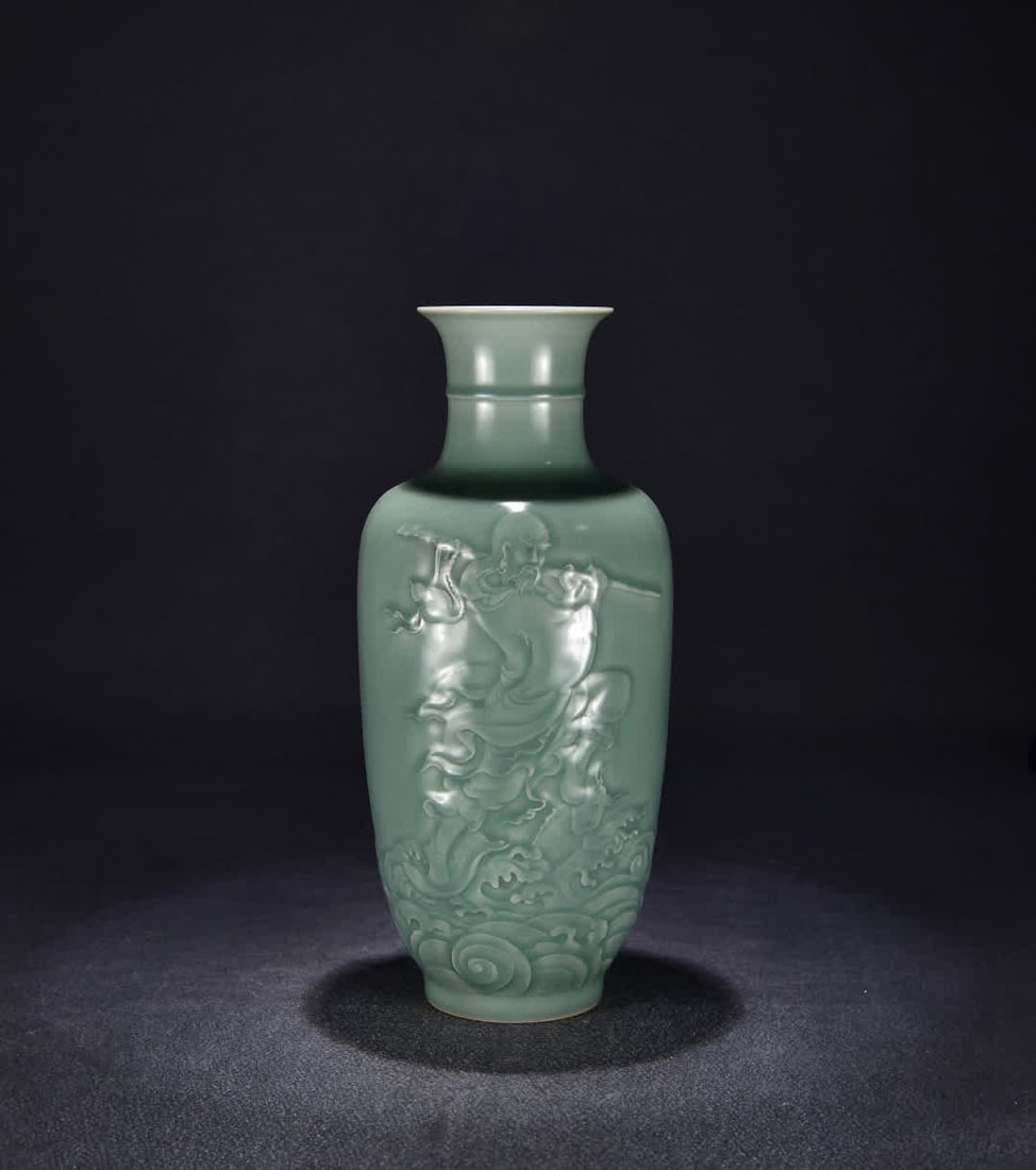 A Qing Yongzheng celadon carved Dharma crossing the river vase (1 of 9)