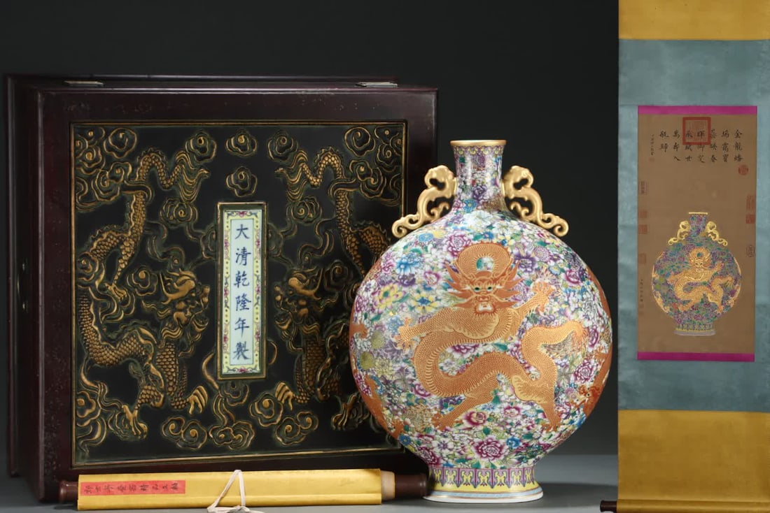 A piece of Qing Qianlong era enamel flower picture alum red dragon pattern gold moon vase Lang: Qing Qianlong year enamel flower picture alum red dragon pattern gold moon vase Lang Shining silk calligraphy and painting SIZE: 68.5x34cm Porcelain H:54.8cm abdominal D:39.5cm (The Dimensions Of All