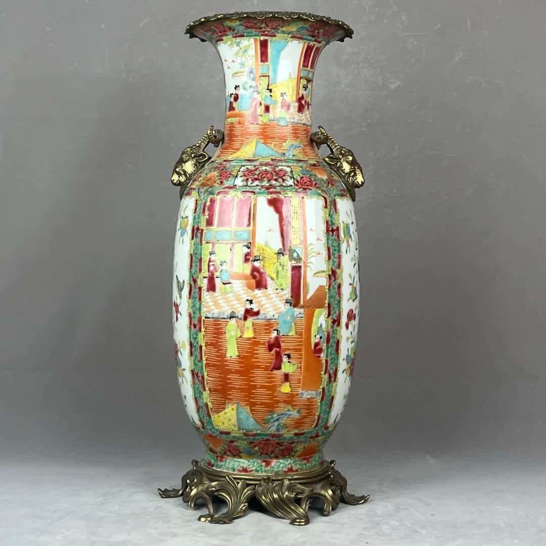 A copper-inlaid porcelain "Guangcai Figure Pattern" sheep's head and ear vase (1 of 9)