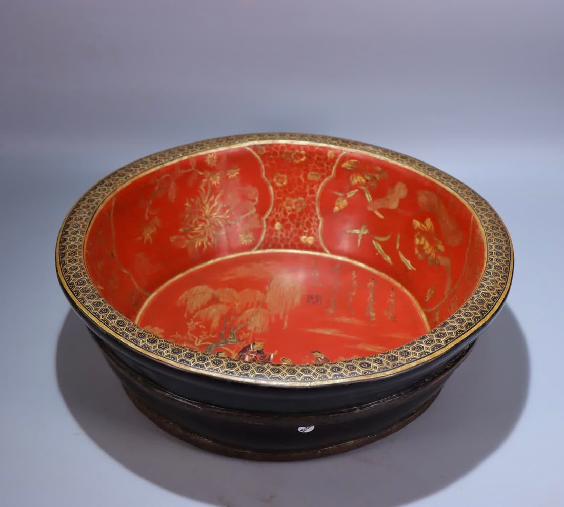 A story plate of a large wooden lacquer with gold painted characters made in the Guangxu period of (1 of 9)