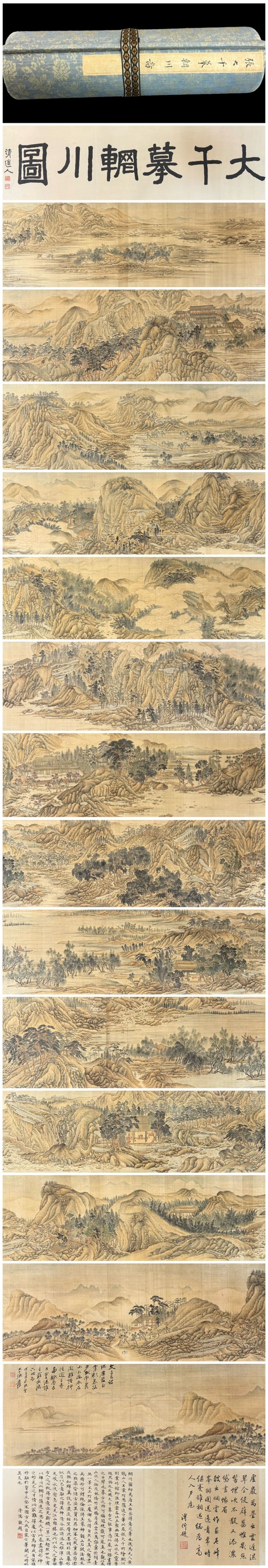 A long scroll of Zhang Daqian's imitation of the river: Zhang Daqian's long scroll of copying the Chuan picture Size:L:1256cm W:32.5cm (The Dimensions Of All Batches Are Manually Measured.If You Need More Detailed Information, Please Contact Our Customer S