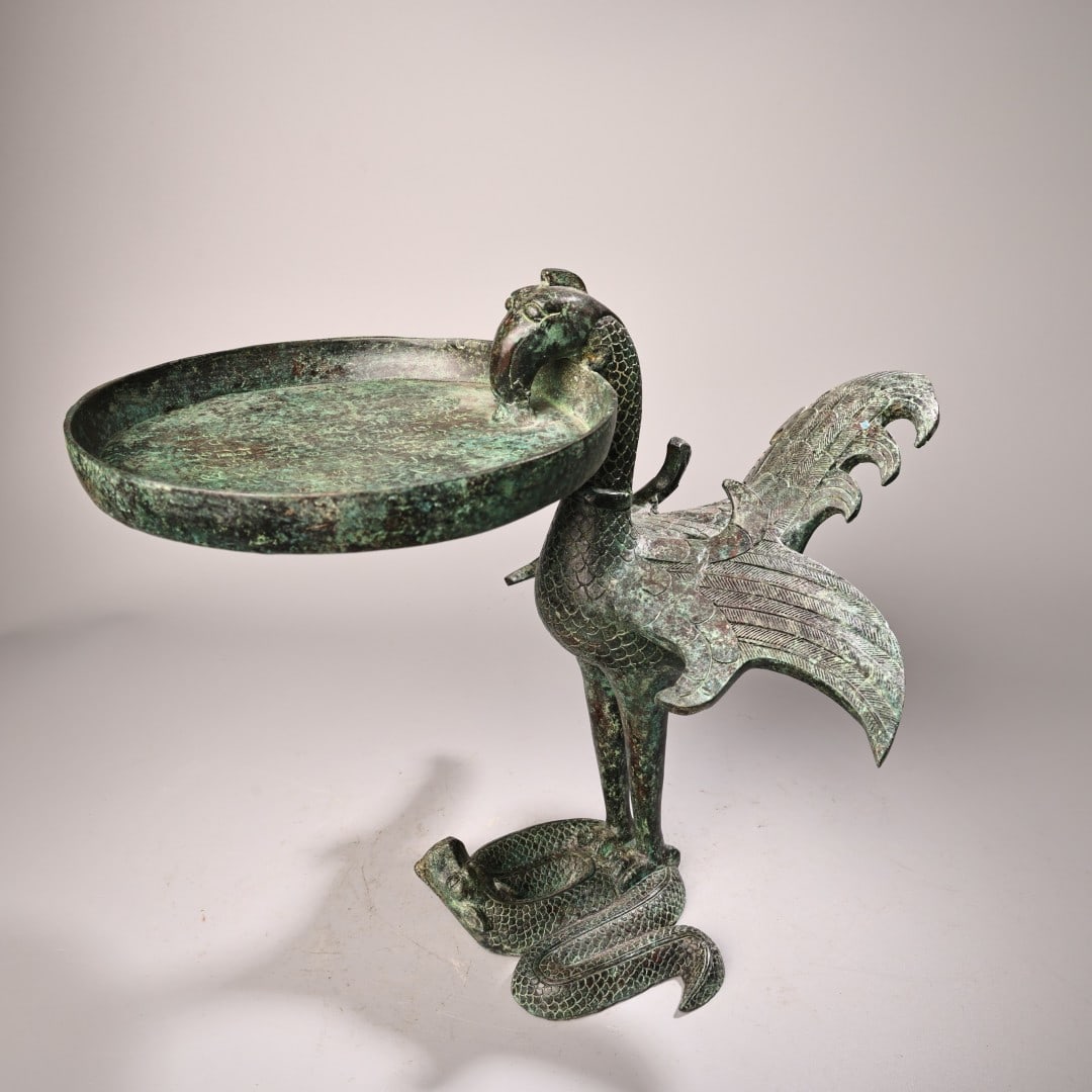 A fine bronze bird oil lamp plate with inscription (1 of 10)