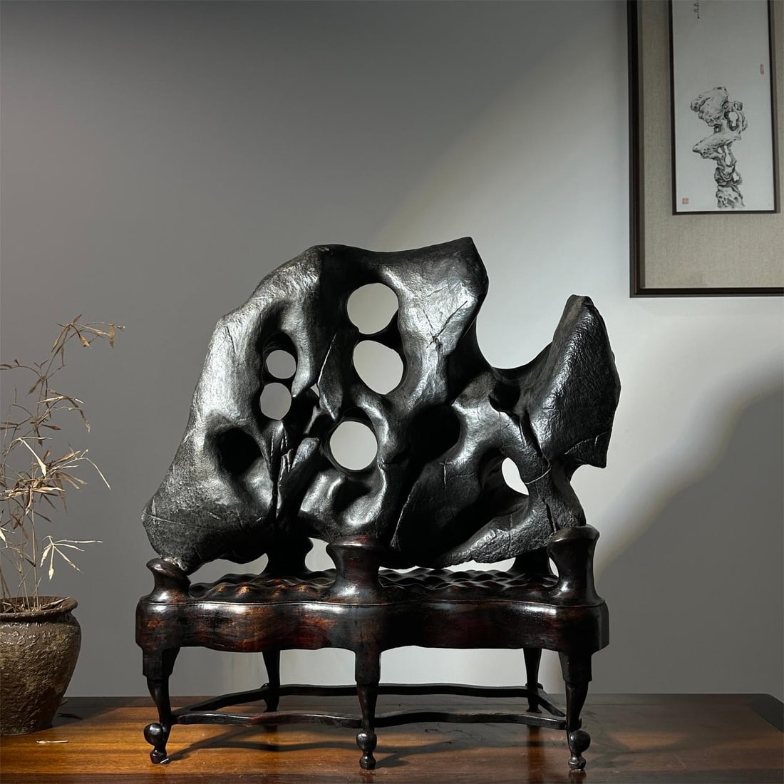 A piece of exquisite Taihu stone: Exquisite Taihu Lake stone Size:H:70cm W:64cm T:25cm (The Dimensions Of All Batches Are Manually Measured.If You Need More Detailed Information, Please Contact Our Customer Service Before Bidding.)