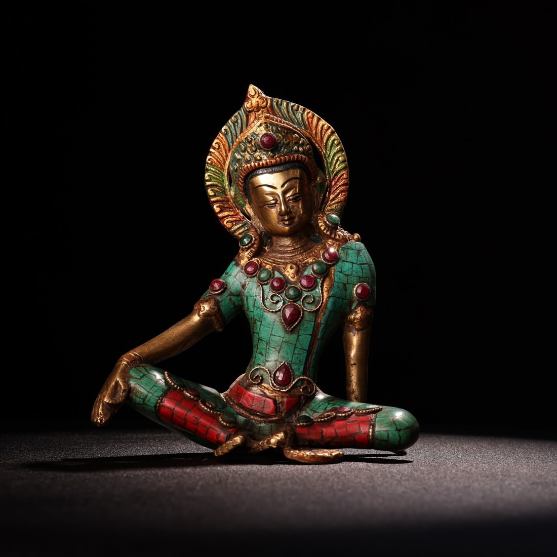 A beautifully inlaid gemstone-painted Tibetan Tantric Free Tara Buddha statue (1 of 9)