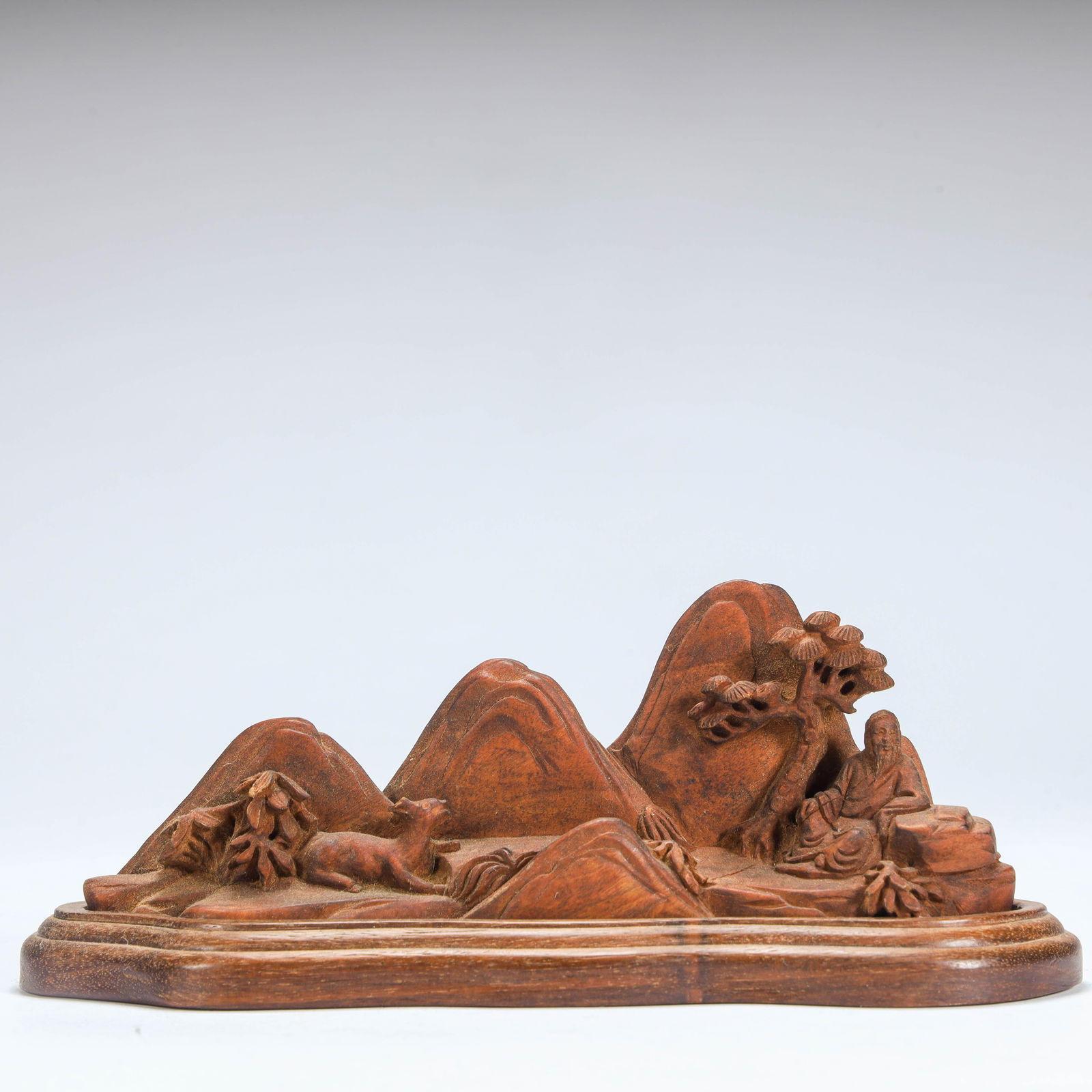 A Qing Dynasty Huanghuali wood carving landscape figure auspicious beast pattern mountain ornament: Qing Dynasty Huanghuali wood carving landscape figure auspicious beast pattern mountain ornament Size: H:5.5cm L: 15cm W:5cm W:86g (The Dimensions Of All Batches Are Manually Measured.If You Need More