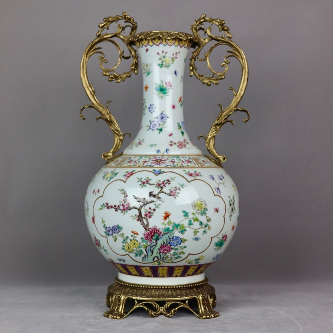 A beautiful pastel flower and bird inlaid copper lace amphora (1 of 9)