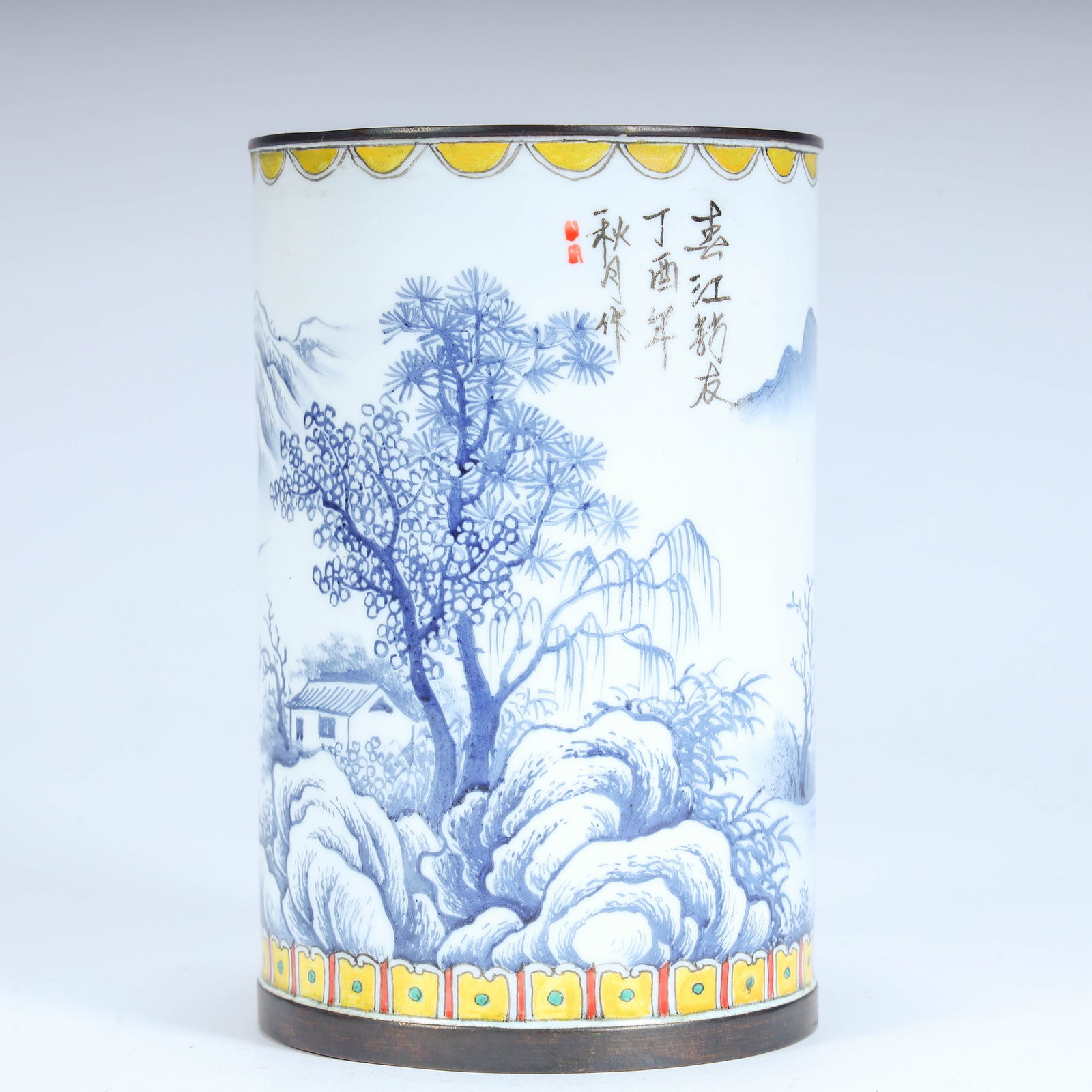 A beautiful copper tire painting enamel landscape pattern pen holder: Exquisite copper tire painting enamel landscape pattern pen holder Size: H:12.5cm L: 8cm W:8cm W:355g (The Dimensions Of All Batches Are Manually Measured.If You Need More Detailed Information, Please