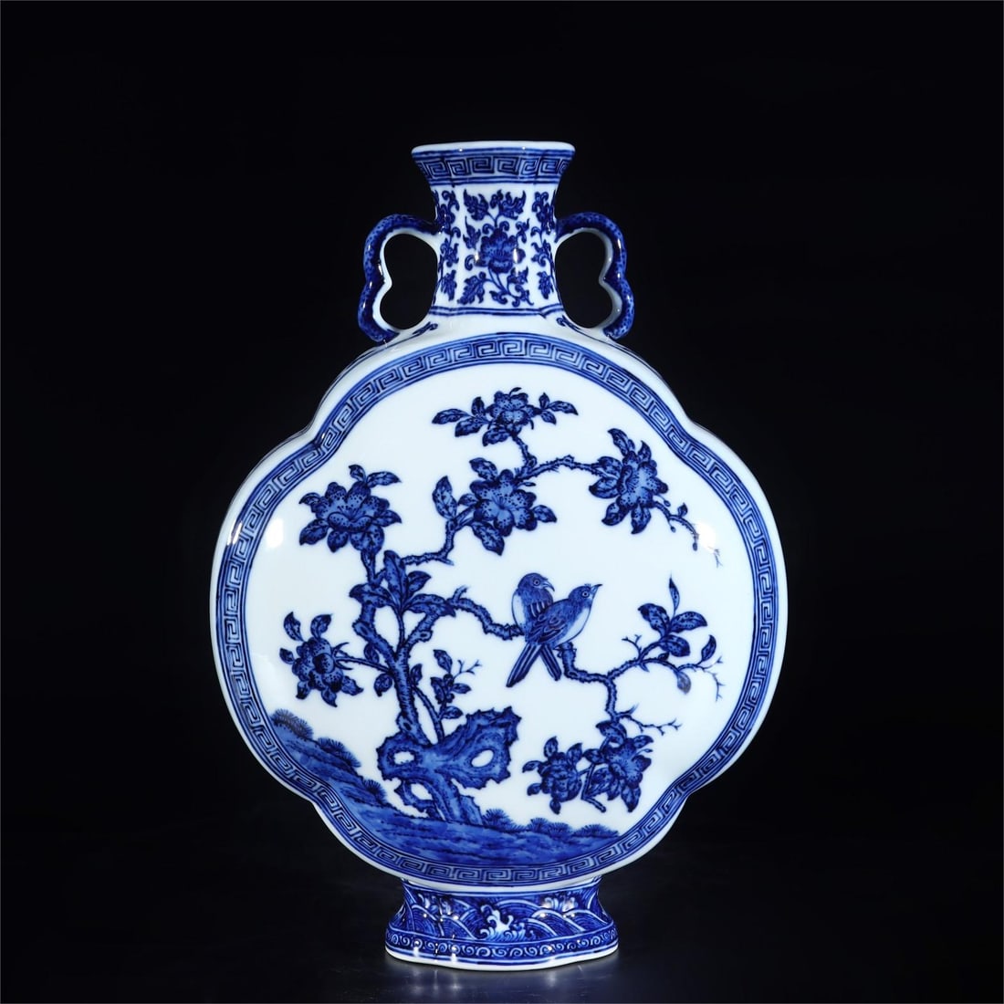 A blue and white flower bird binaural moon vase made in the Qianlong period of the Qing Dynasty (1 of 9)