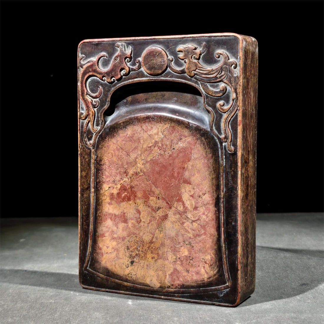 A beautiful dragon and phoenix auspicious red silk inkstone (1 of 9)