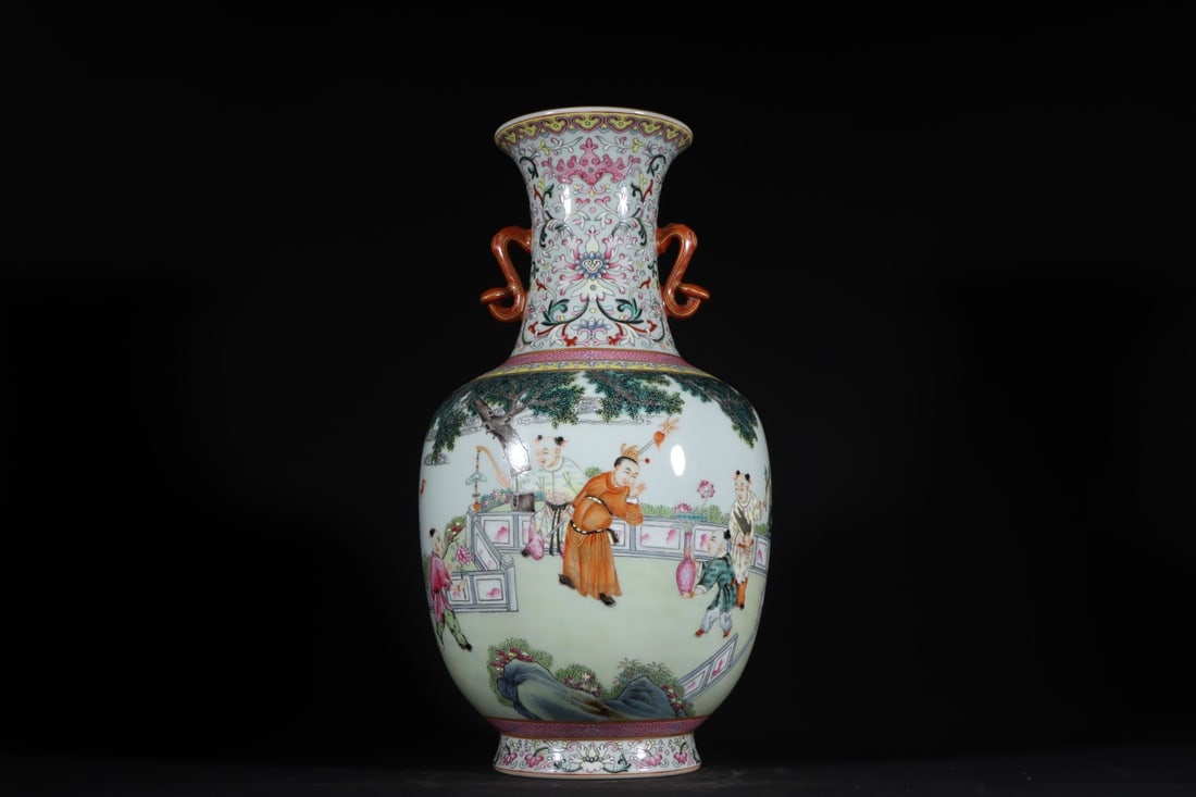 An Exquisite Famille-Rose Lotus Pattern Character and Story Pattern Double-Ears Vase: An Exquisite Famille-Rose Lotus Pattern Character and Story Pattern Double-Ears Vase Qing Dynasty, China Qianlong Six-character Mark Size:33.2cmx18.5cm (The Dimensions Of All Batches Are Manually Meas