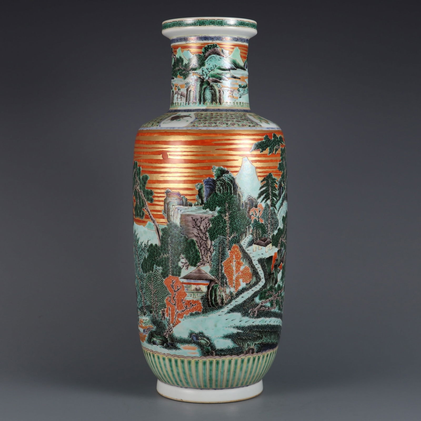 An Exquisite Wucai Landscape and Figure Pattern Vase: An Exquisite Wucai Landscape and Figure Pattern Vase Qing Dynasty, China Kangxi Six-character Mark Size:45cmx11cm (The Dimensions Of All Batches Are Manually Measured.If You Need More Detailed Informa