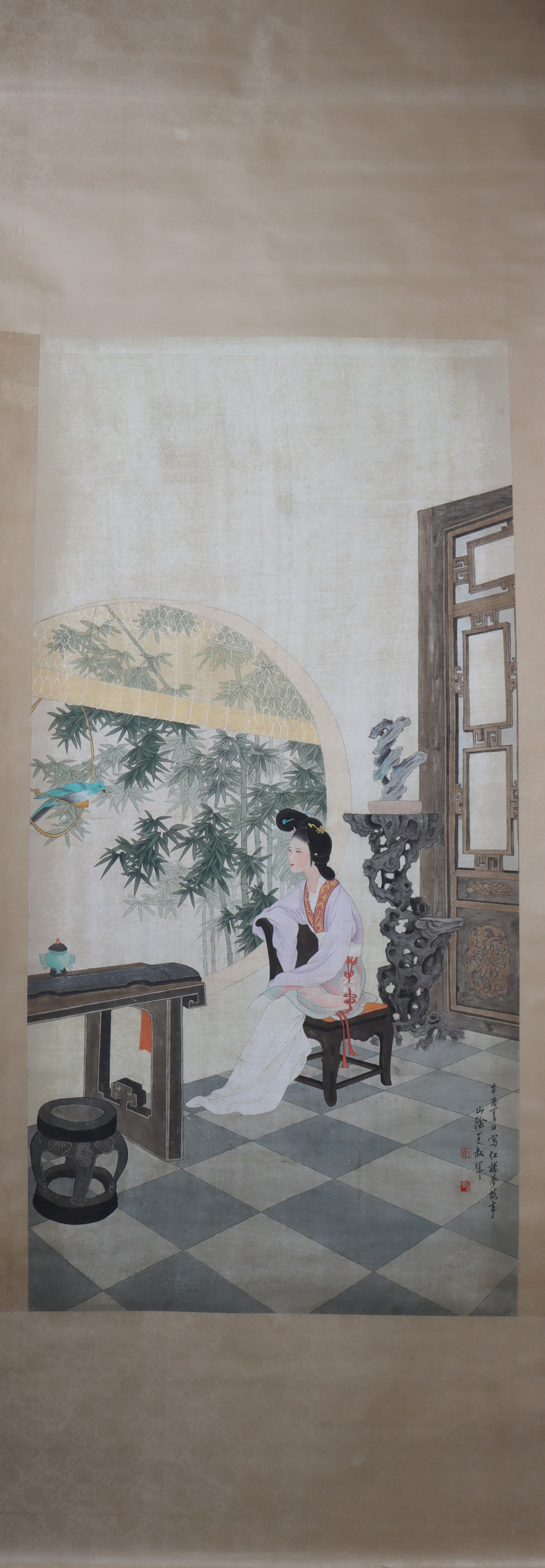 A Chinese Vertical Scroll Ink Painting of Character and Story on Paper: A Chinese Vertical Scroll Ink Painting of Character and Story on Paper Wang shuhui Size:131cmx68cm (The Dimensions Of All Batches Are Manually Measured.If You Need More Detailed Information, Please Co