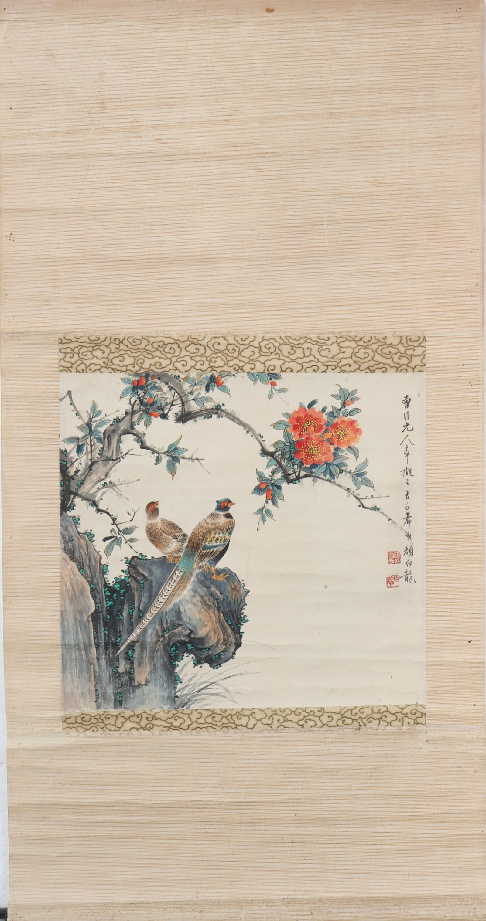A Chinese Vertical Scroll Ink Painting of Flower and Bird on Paper: A Chinese Vertical Scroll Ink Painting of Flower and Bird on Paper Yan bolong Size:32cmx30cm (The Dimensions Of All Batches Are Manually Measured.If You Need More Detailed Information, Please Contact