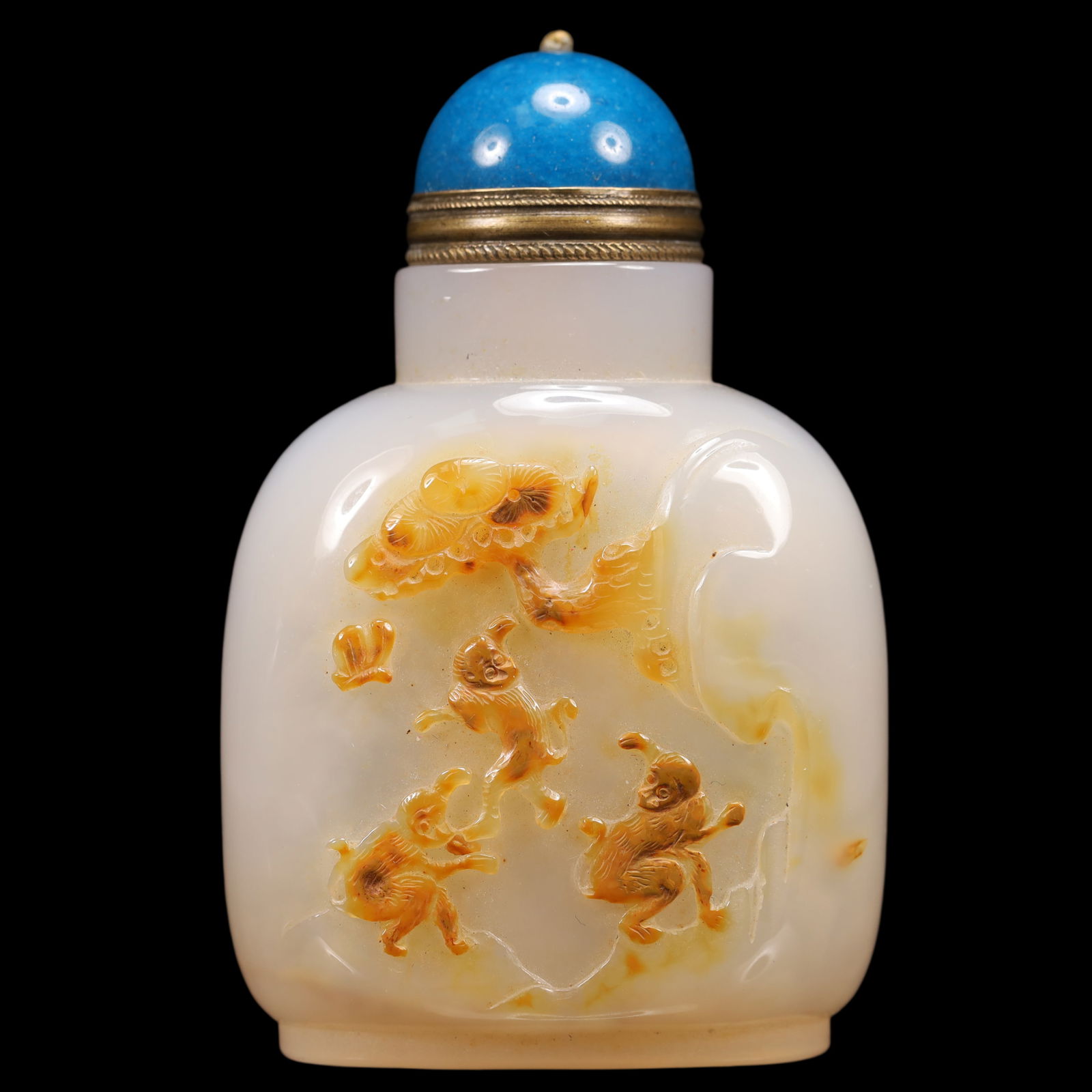 An Exquisite Agate Monkey Pattern Snuff Bottle: An Exquisite Agate Monkey Pattern Snuff Bottle Qing Dynasty, China Size:5cmx3cmx8.5cm Weight:115g (The Dimensions Of All Batches Are Manually Measured.If You Need More Detailed Information, Please Con
