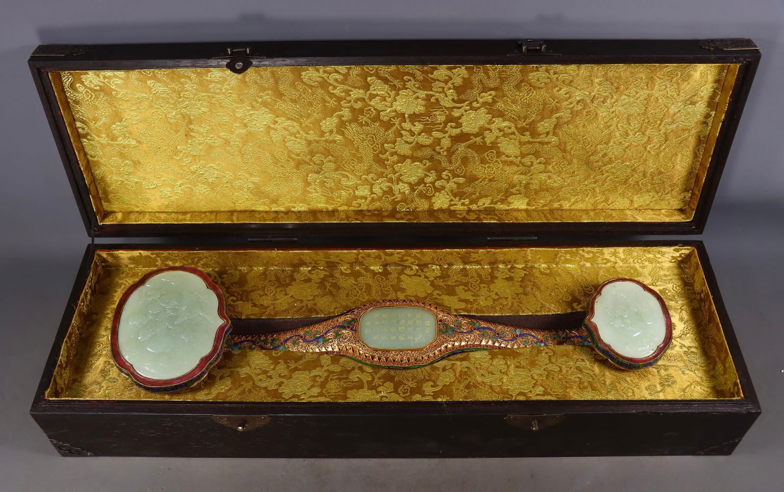 An Exquisite White Jade Cover with Gold Character and Story Pattern with poem Ruyi (1 of 9)