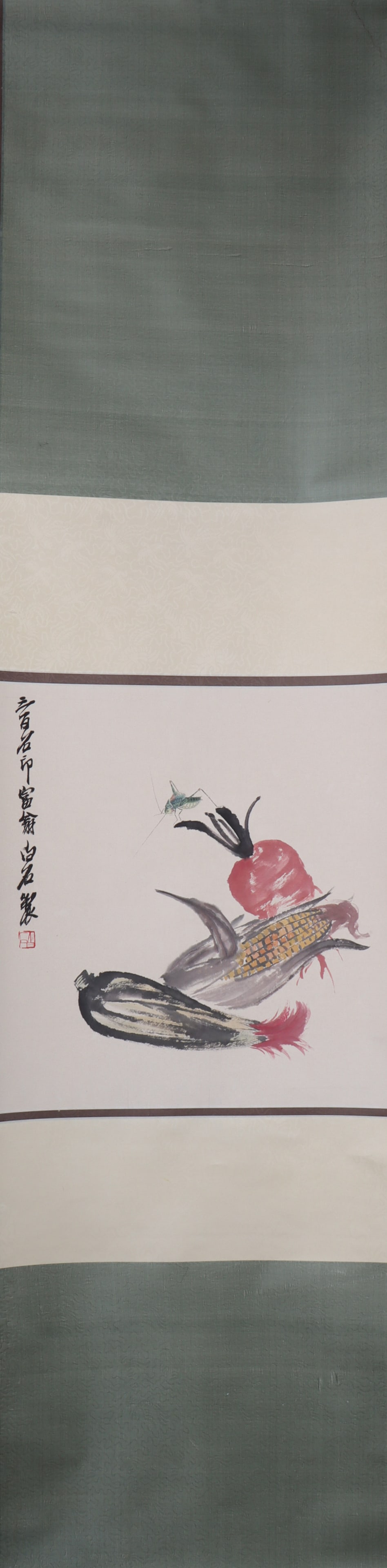 A Chinese Vertical Scroll Ink Painting of vegetables and fruits on Paper: A Chinese Vertical Scroll Ink Painting of vegetables and fruits on Paper Qi baishi Size:46cmx45cm (The Dimensions Of All Batches Are Manually Measured.If You Need More Detailed Information, Please Con