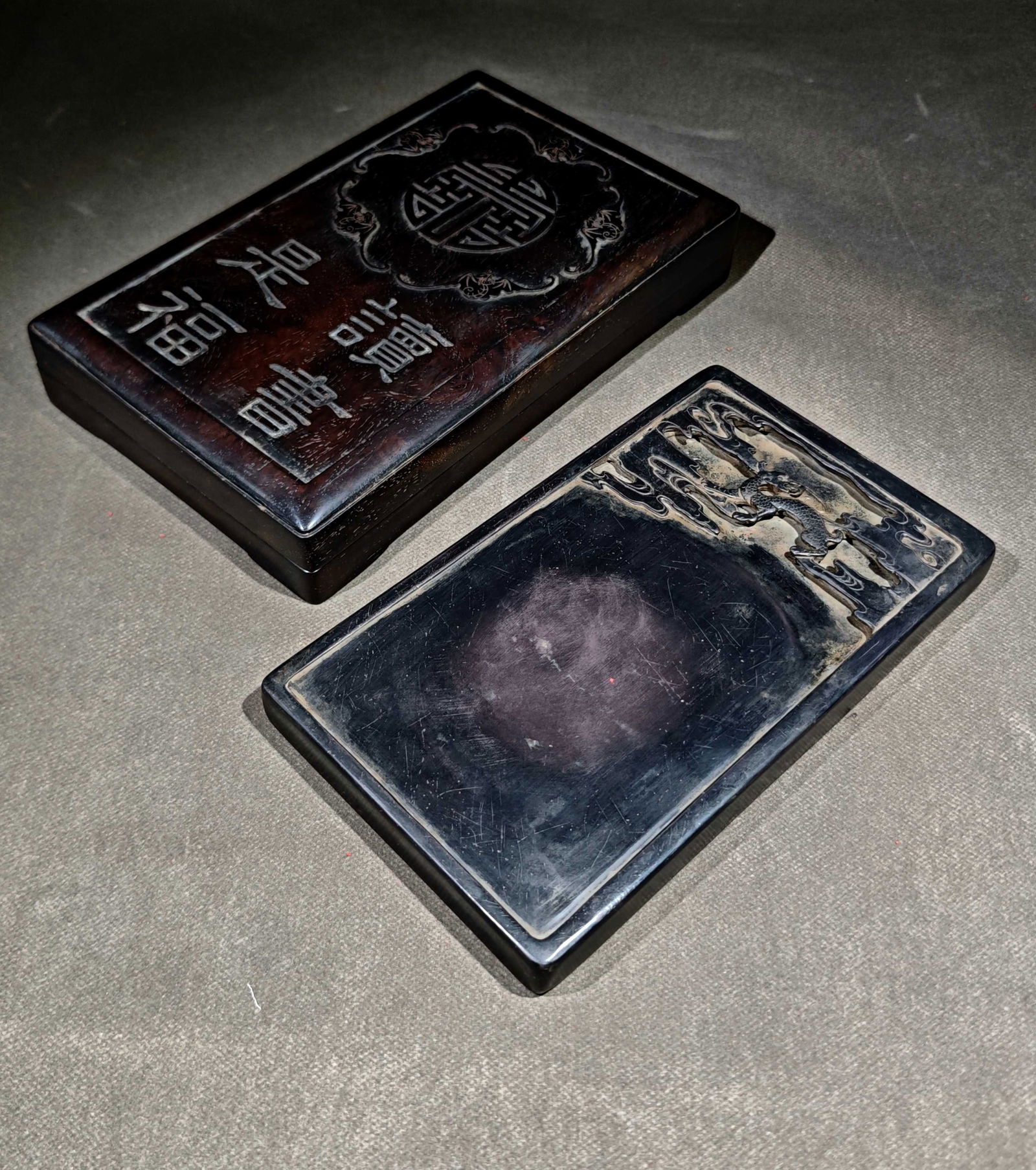 An Exquisite Bats and Peach Pattern with poem Inkstone (1 of 9)