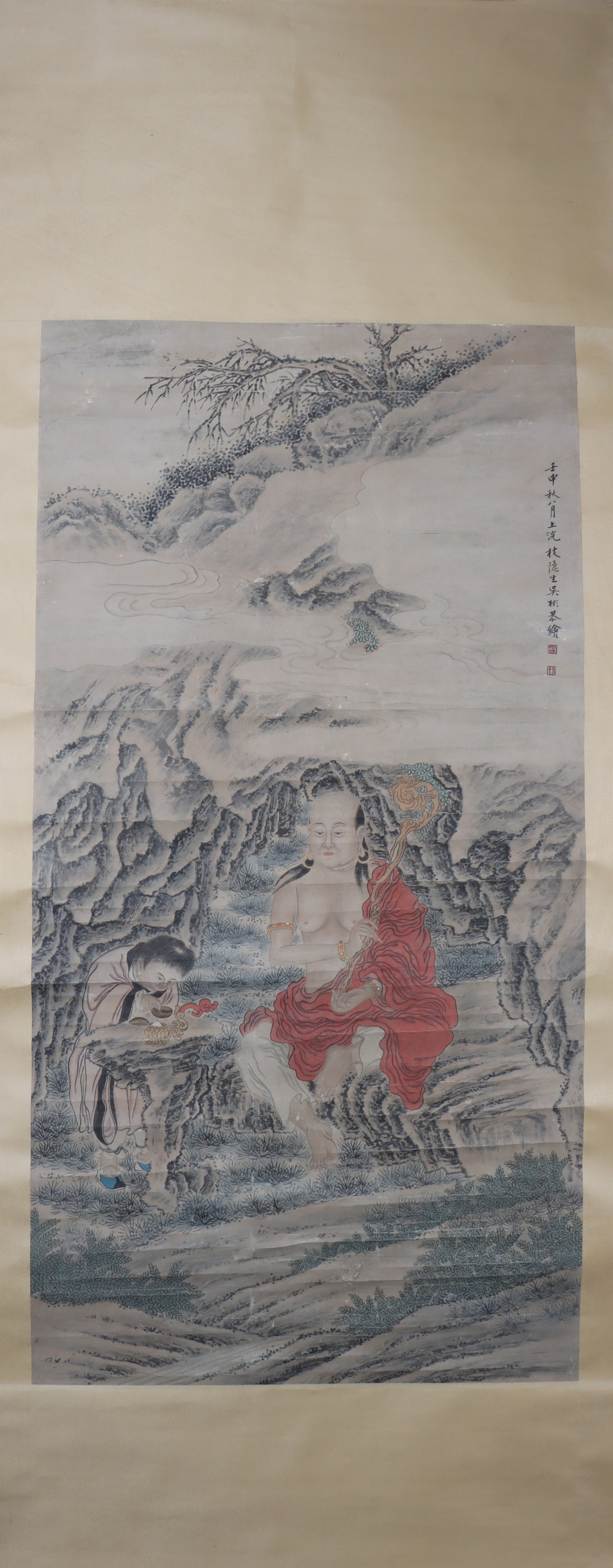 A Chinese Vertical Scroll Ink Painting of Statue of Arhat on Paper (1 of 4)