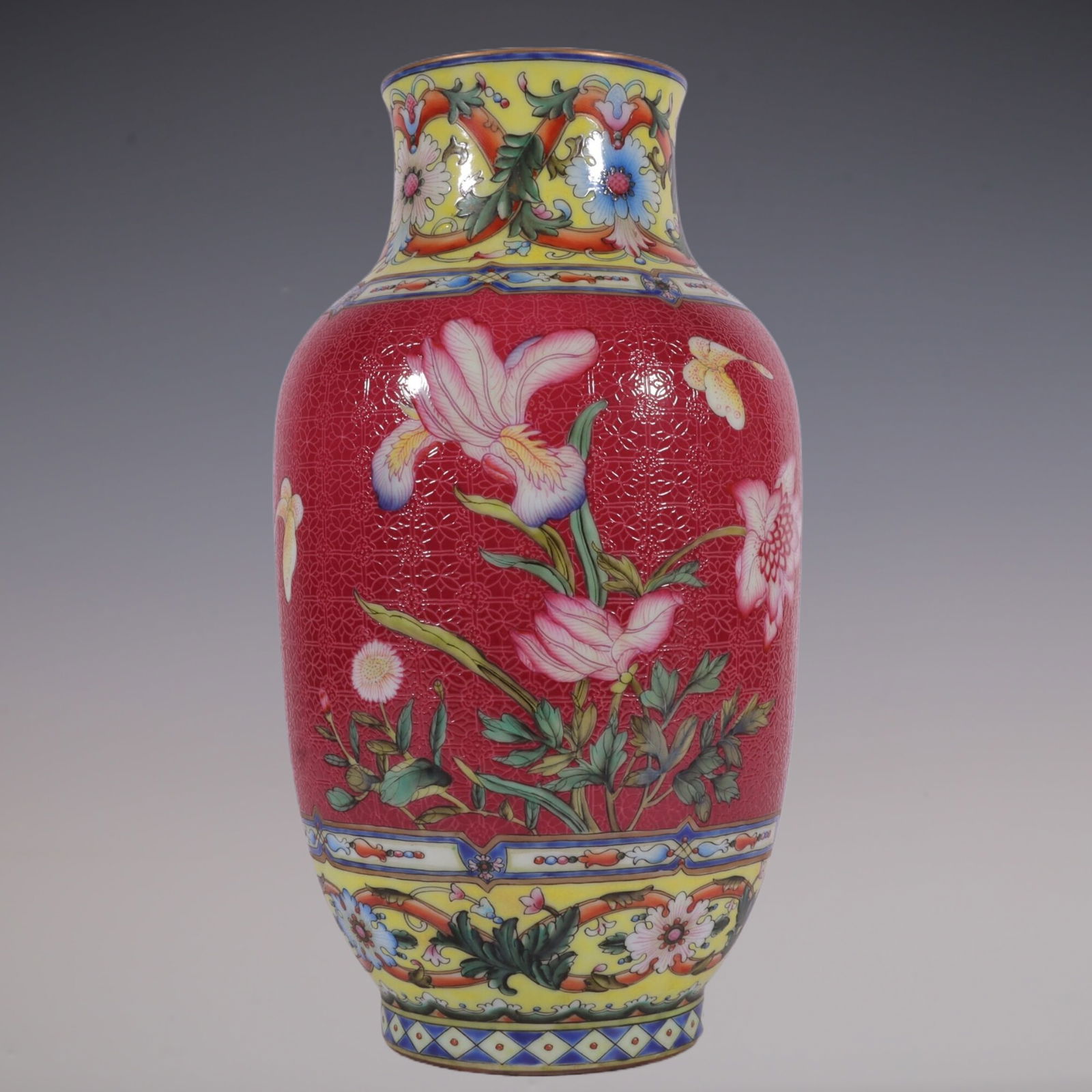 An Exquisite Famille-Rose Ruby Red-Glazed Lotus Pattern Flower and Butterfly Pattern Vase (1 of 8)