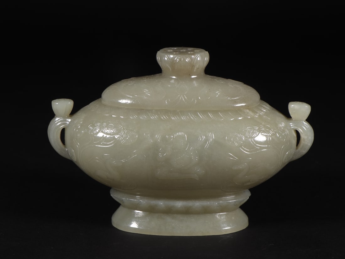 An Exquisite White Jade Figure Pattern Double-Ears Censer (1 of 9)
