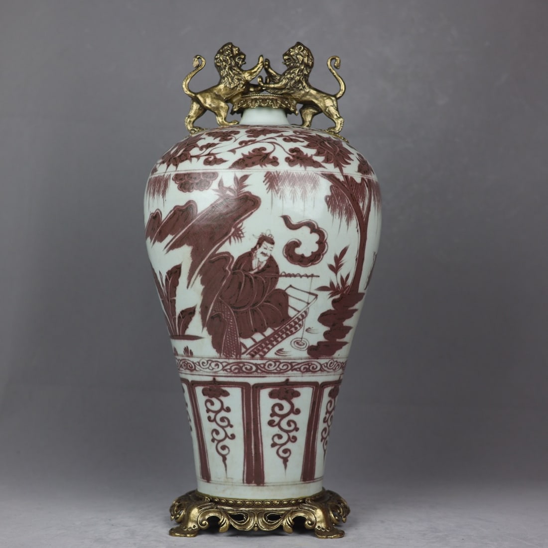 An Exquisite Blue and White Underglaze-Red Inlaid Bronze Character and Story Pattern Lotus Pattern: An Exquisite Blue and White Underglaze-Red Inlaid Bronze Character and Story Pattern Lotus Pattern Double-Ears Vase Yuan Dynasty, China Size:54cmx23cm (The Dimensions Of All Batches Are Manually Measu