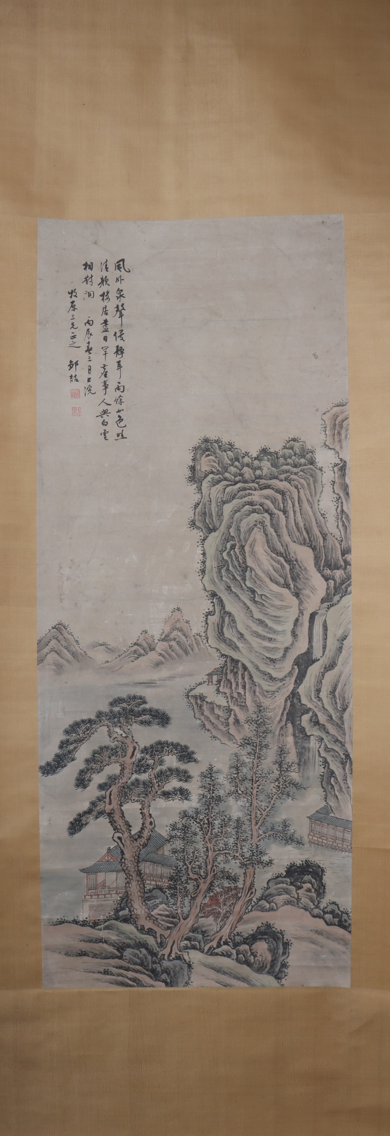 A Chinese Vertical Scroll Ink Painting of Landscape on Paper: A Chinese Vertical Scroll Ink Painting of Landscape on Paper Zou zhe Size:135cmx52cm (The Dimensions Of All Batches Are Manually Measured.If You Need More Detailed Information, Please Contact Our