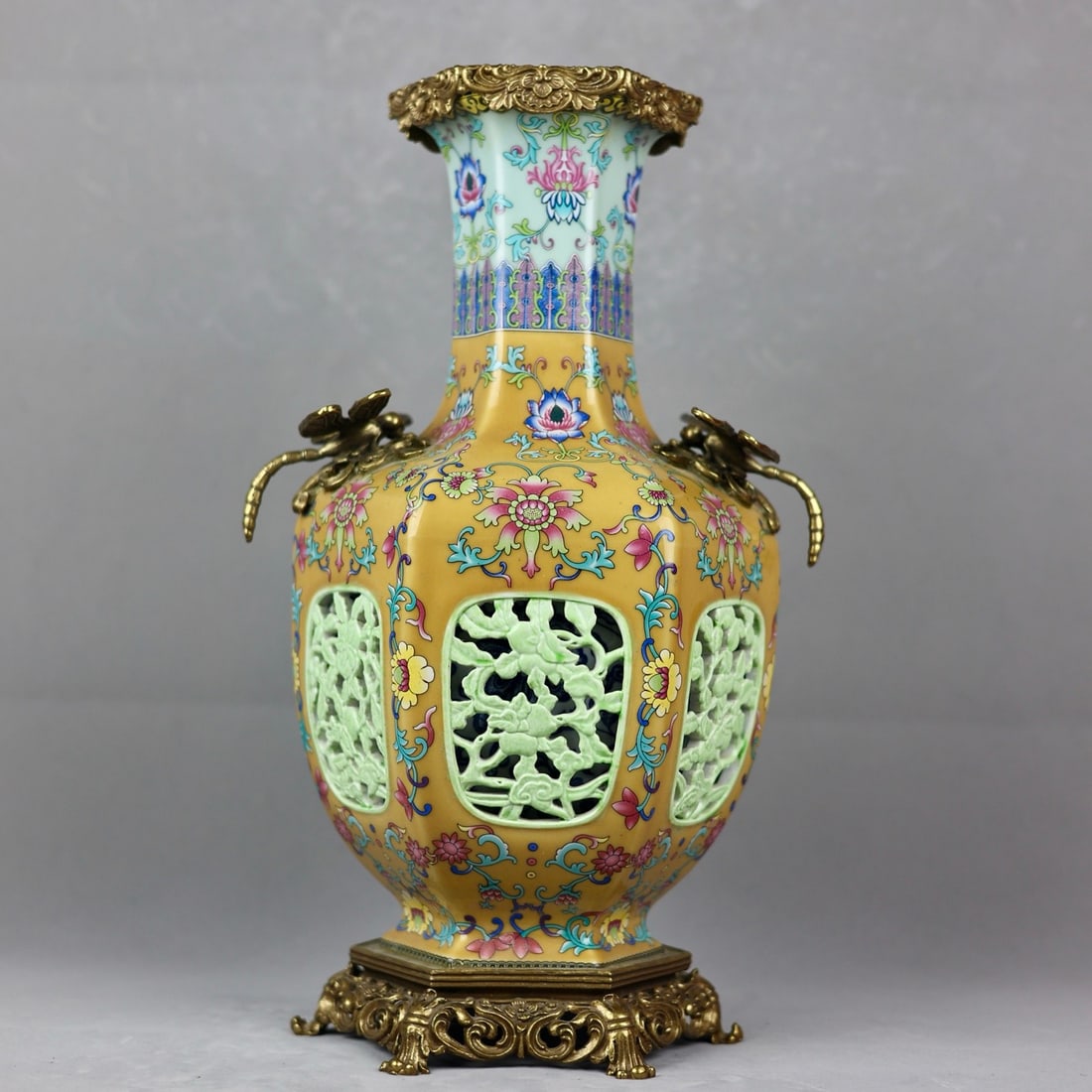 An Exquisite Famille-Rose Inlaid Bronze Lotus Pattern Flower Pattern Double-Ears Vase (1 of 9)