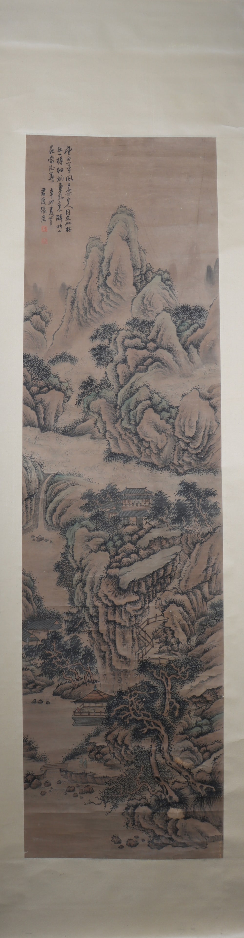 A Chinese Vertical Scroll Ink Painting of Landscape on Paper: A Chinese Vertical Scroll Ink Painting of Landscape on Paper Zhang hong Size:177cmx47cm (The Dimensions Of All Batches Are Manually Measured.If You Need More Detailed Information, Please Contact Our C