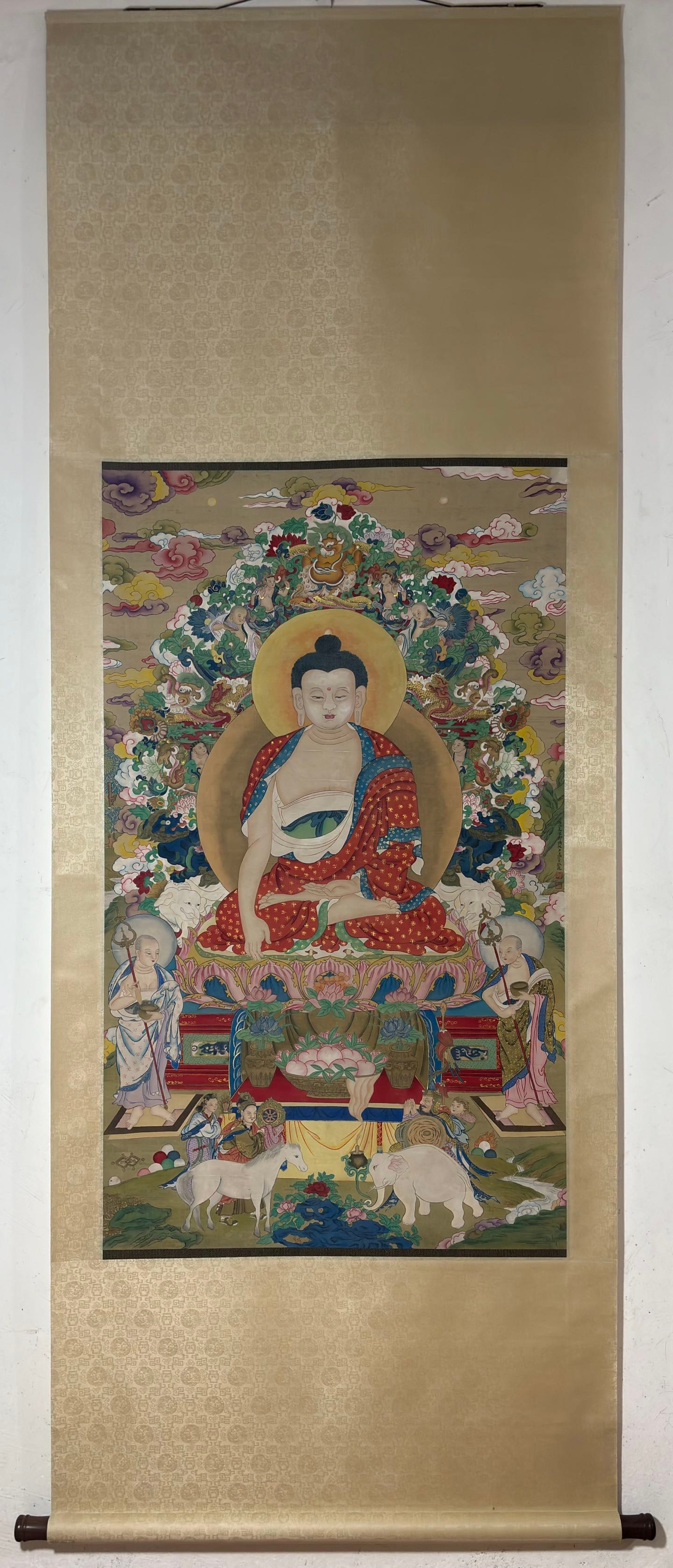 A Chinese Vertical Scroll Ink Painting of Buddha Statue on Silk (1 of 9)