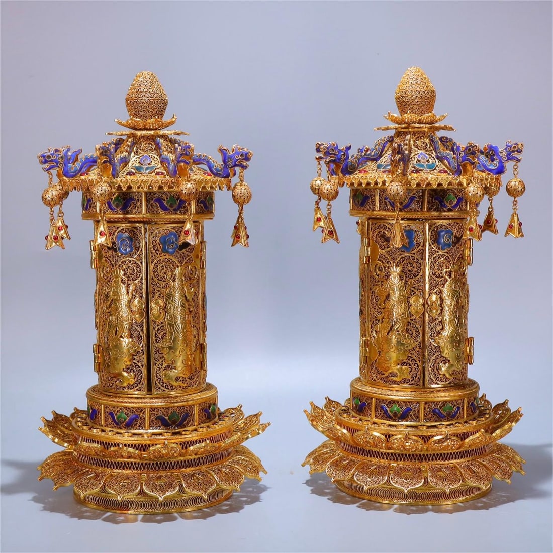 A beautiful golden silk inlaid blue pavilion-style Buddha shrine (1 of 15)