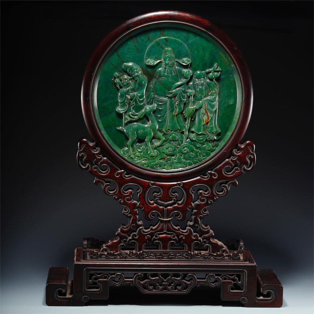 A beautiful Hetian jasper Fulu Shou three-star gold-painted poetry screen (1 of 9)