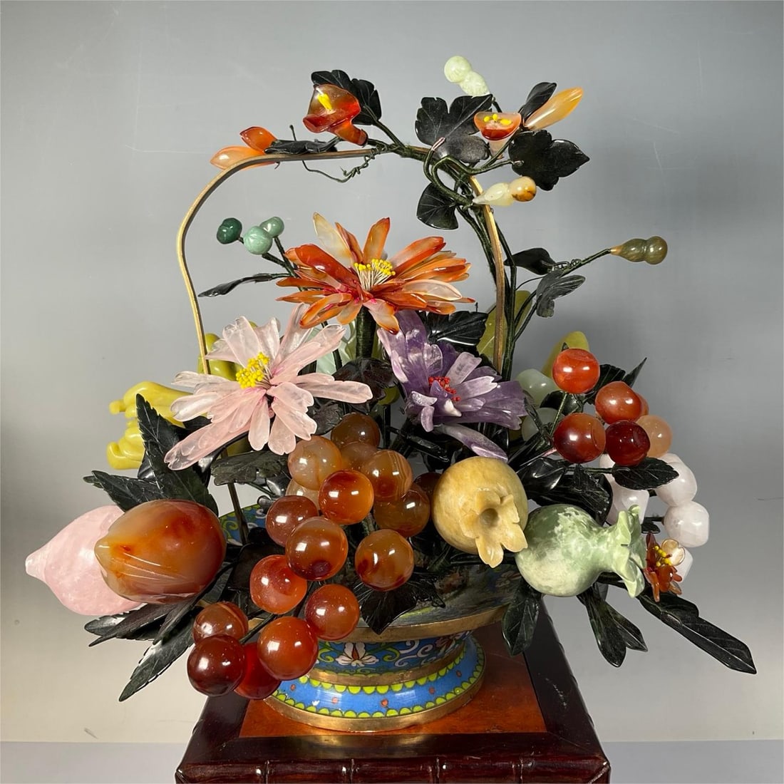 A cloisonn é jade bonsai flower and fruit basket from the period of foreign exchange generation (1 of 10)