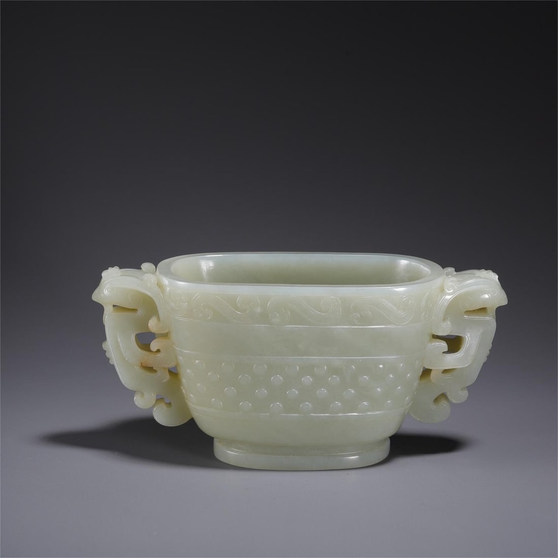A beautiful Hetian jade phoenix ear suckle pattern cup: Exquisite Hetian jade phoenix ear milk nail pattern cup Size:15.7×6.6×7.2cmW:534g (The Dimensions Of All Batches Are Manually Measured.If You Need More Detailed Information,