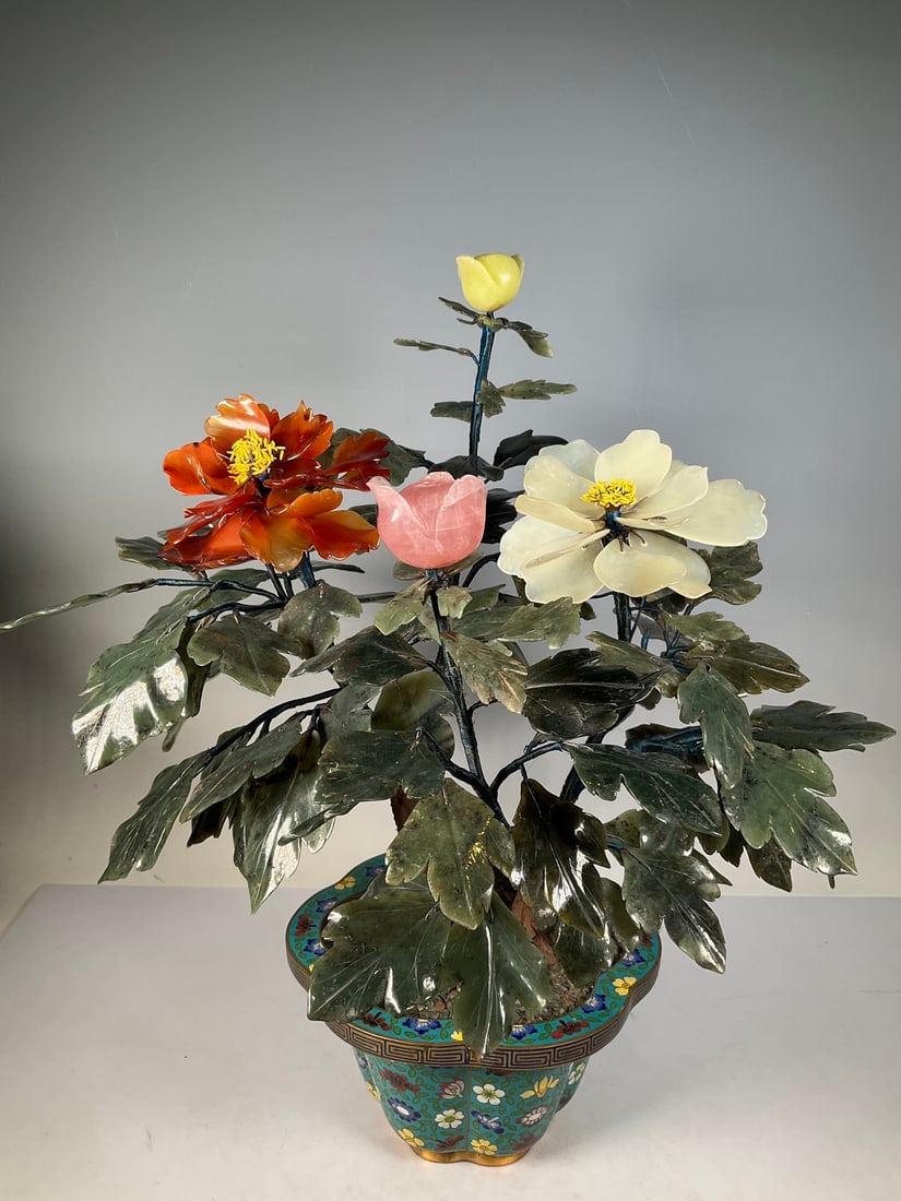 A cloisonn é jade bonsai peony flower from the period of foreign exchange generation (1 of 8)