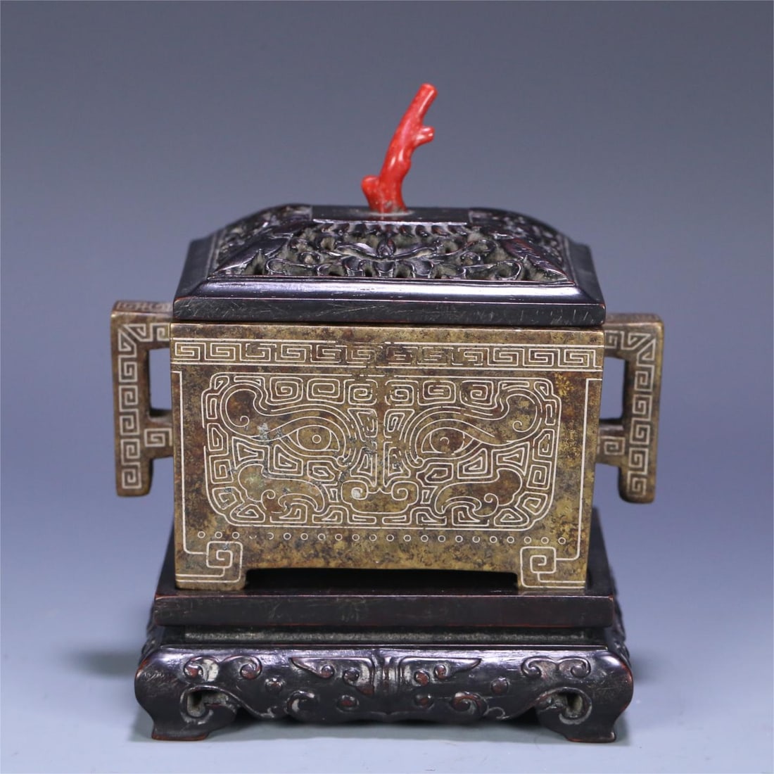 A stone old manger style of rosewood cover copper wrong silver wire gluttonous pattern manger stove (1 of 10)