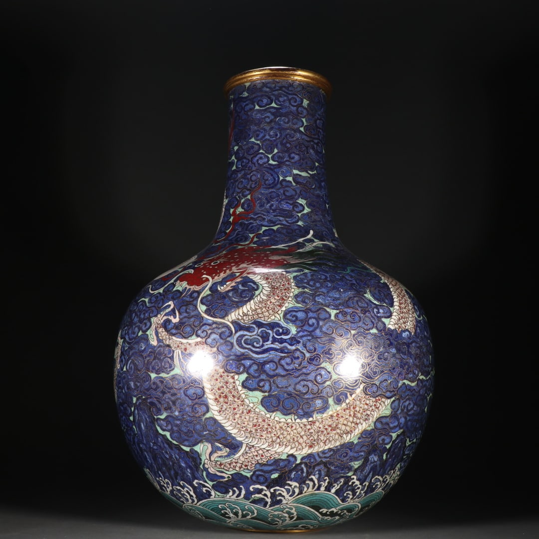A Ming Dynasty copper gilt cloisonn é painting enamel two dragons play bead pattern bottle (1 of 9)