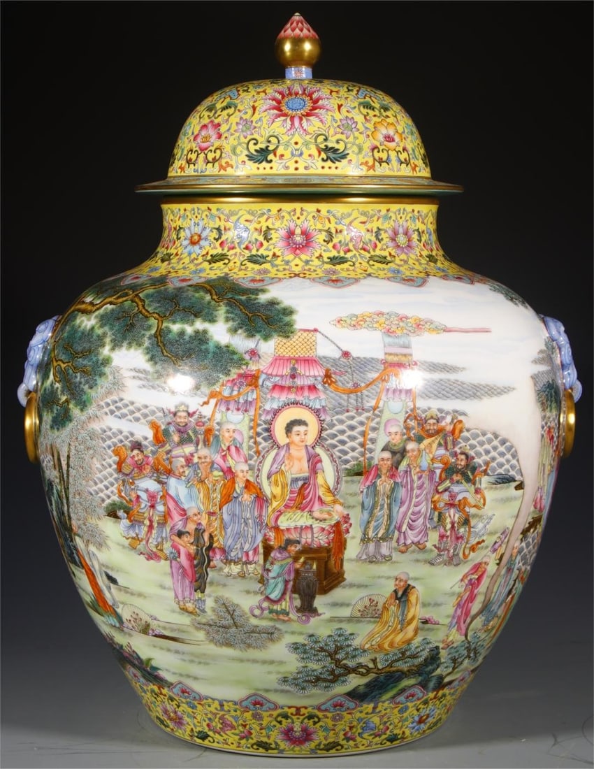A Qing Dynasty Qianlong year enamel yellow ground immortal longevity lion head lid jar: Qing Dynasty Qianlong year enamel color yellow ground group of immortals to celebrate the birthday lion head lid jar Size:H:59cmCalibre:22.5cmBottom:25cm (The Dimensions Of All Batches Are Manually Me