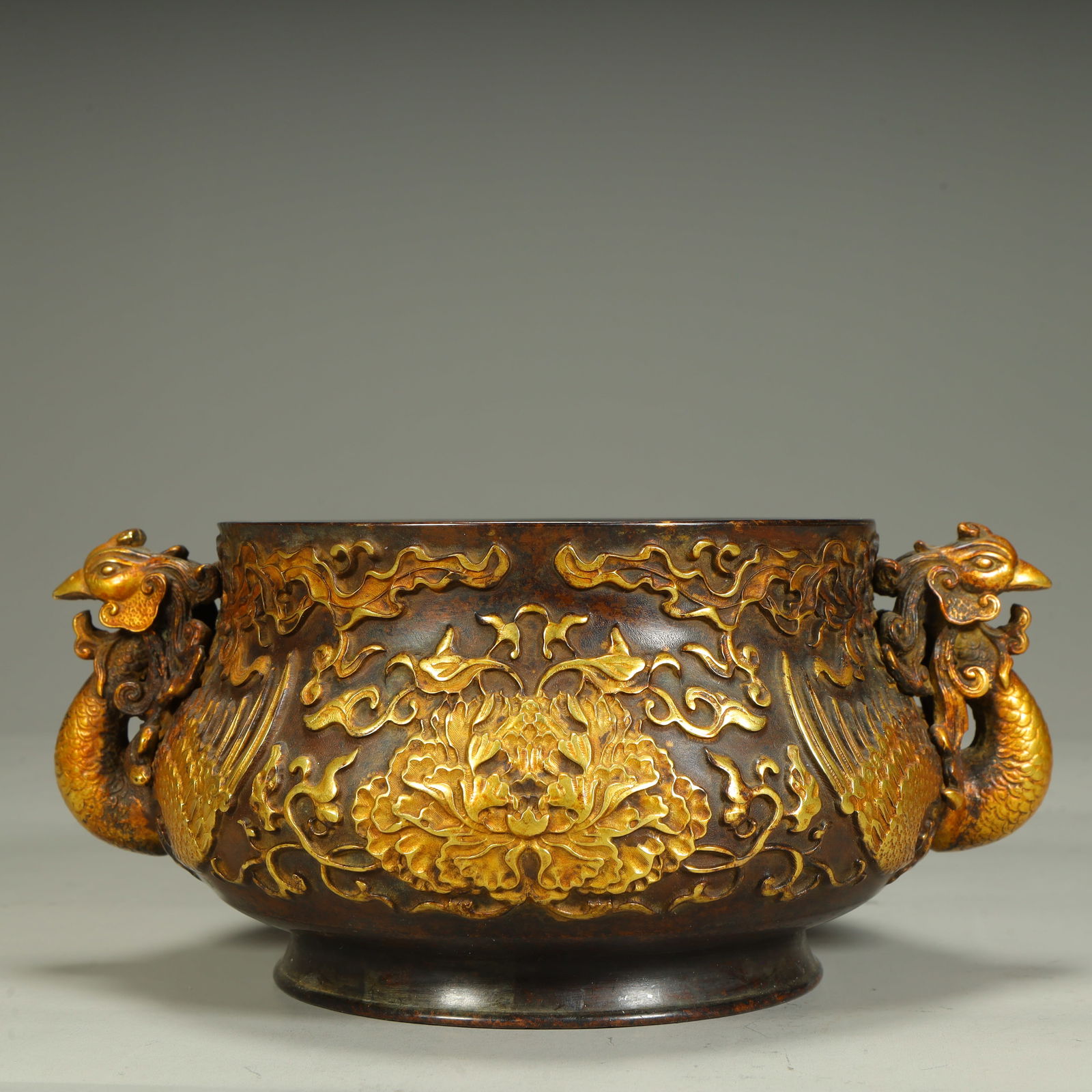 A Qing Dynasty bronze gilt real gold phoenix play peony incense burner (1 of 9)