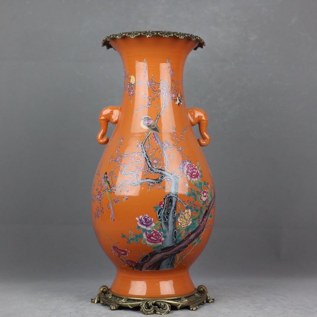 A beautiful copper-inlaid porcelain coral red background pastel flower and bird pattern elephant ear (1 of 9)