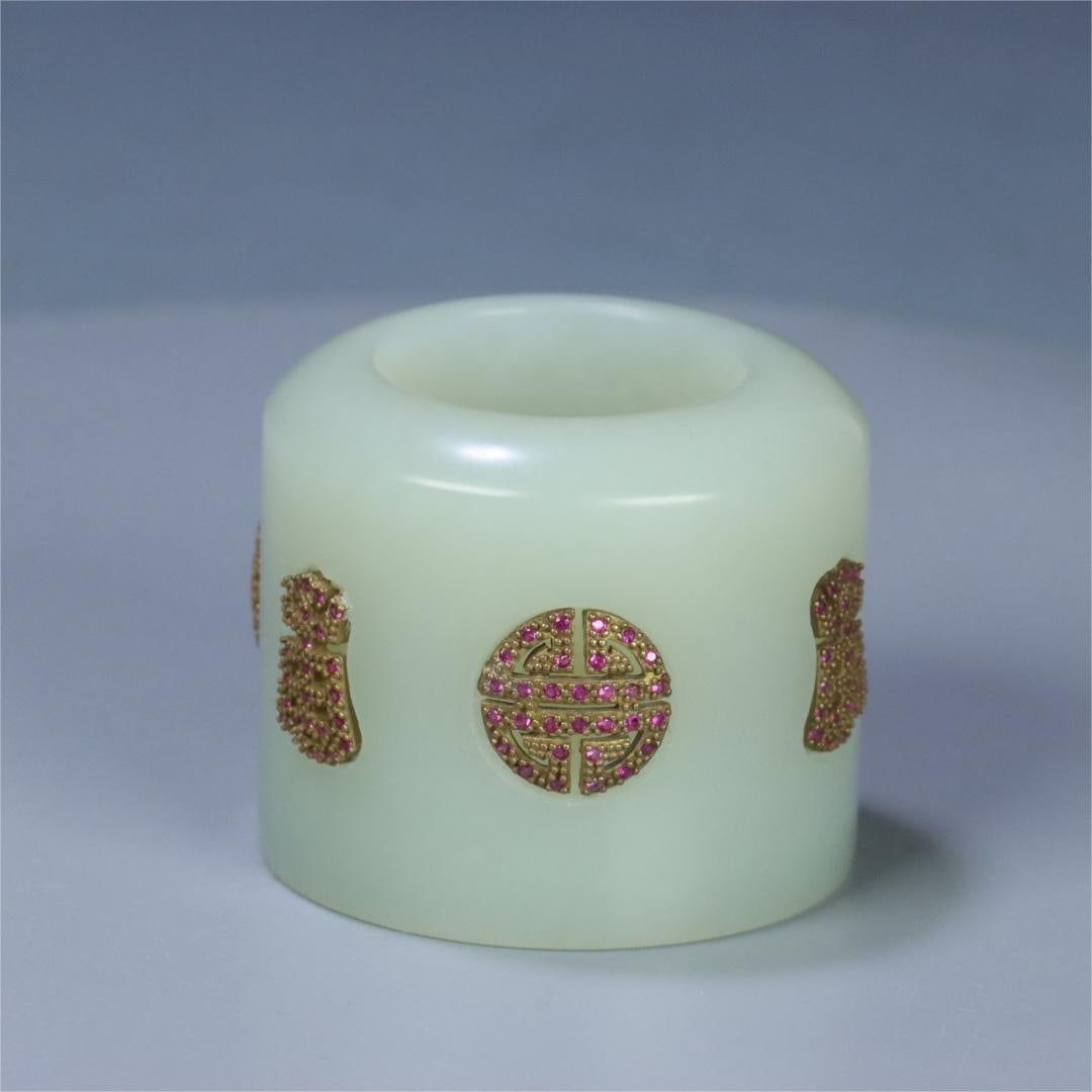 A Qing Dynasty Hetian jade inlaid silver gilt group longevity pattern finger (1 of 10)