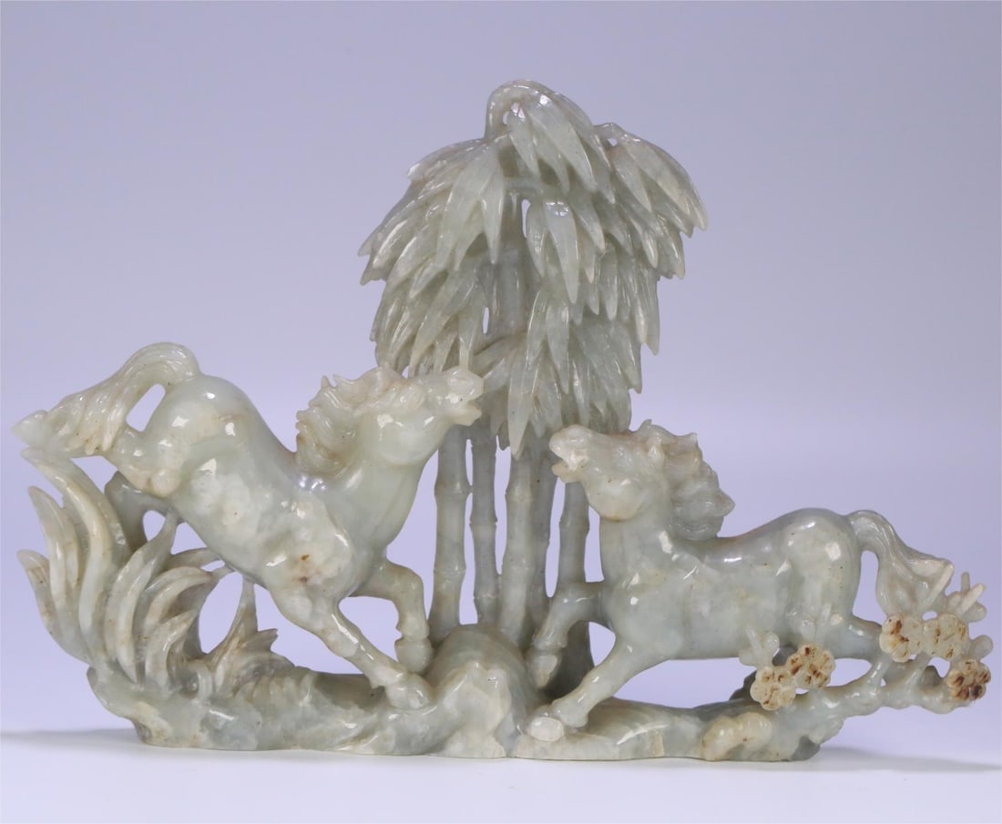 A Qing Dynasty Hetian jade seed material Mei Lanzhu Shuangma Shanzi ornament: Qing Dynasty Hetian jade seed material Mei Lanzhu Shuangma Shanzi ornament Size:27x18.5x4cmW:1111g (The Dimensions Of All Batches Are Manually Measured.If You Need More Detailed Information, Please Co