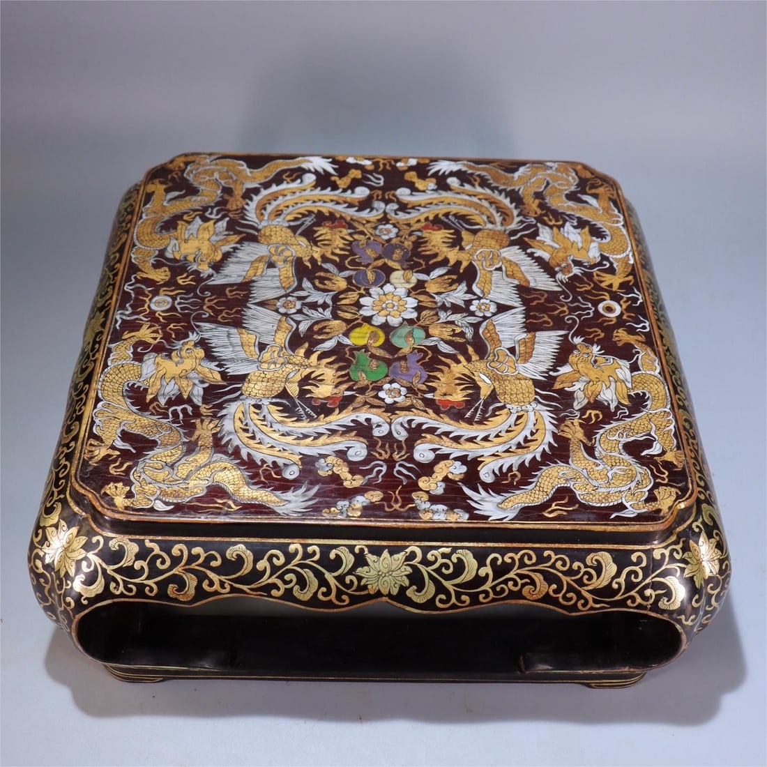 A wooden tire lacquered gold hand-painted dragon and phoenix pattern dwarf table made in the (1 of 10)